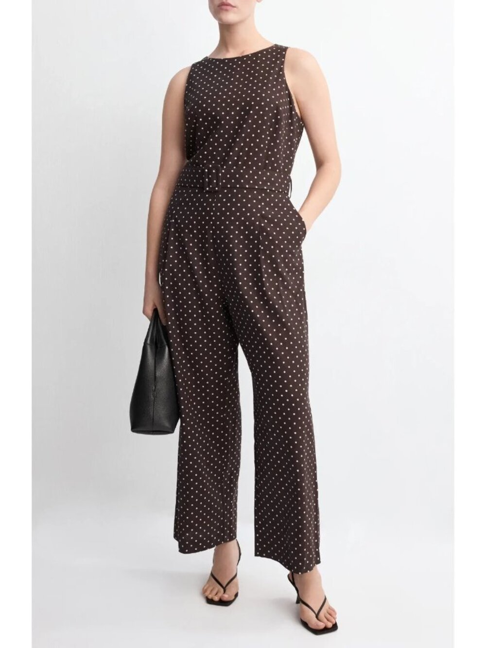 Mango Women's Round Neck Polka-Dot Belt Jumpsuit Brown/White NWOT Pockets MED